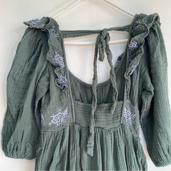 Free People Lovers Lane Maxi Dress Green Blue Embroidered Ruffle 3/4 Sleeve S - Picture 8 of 13